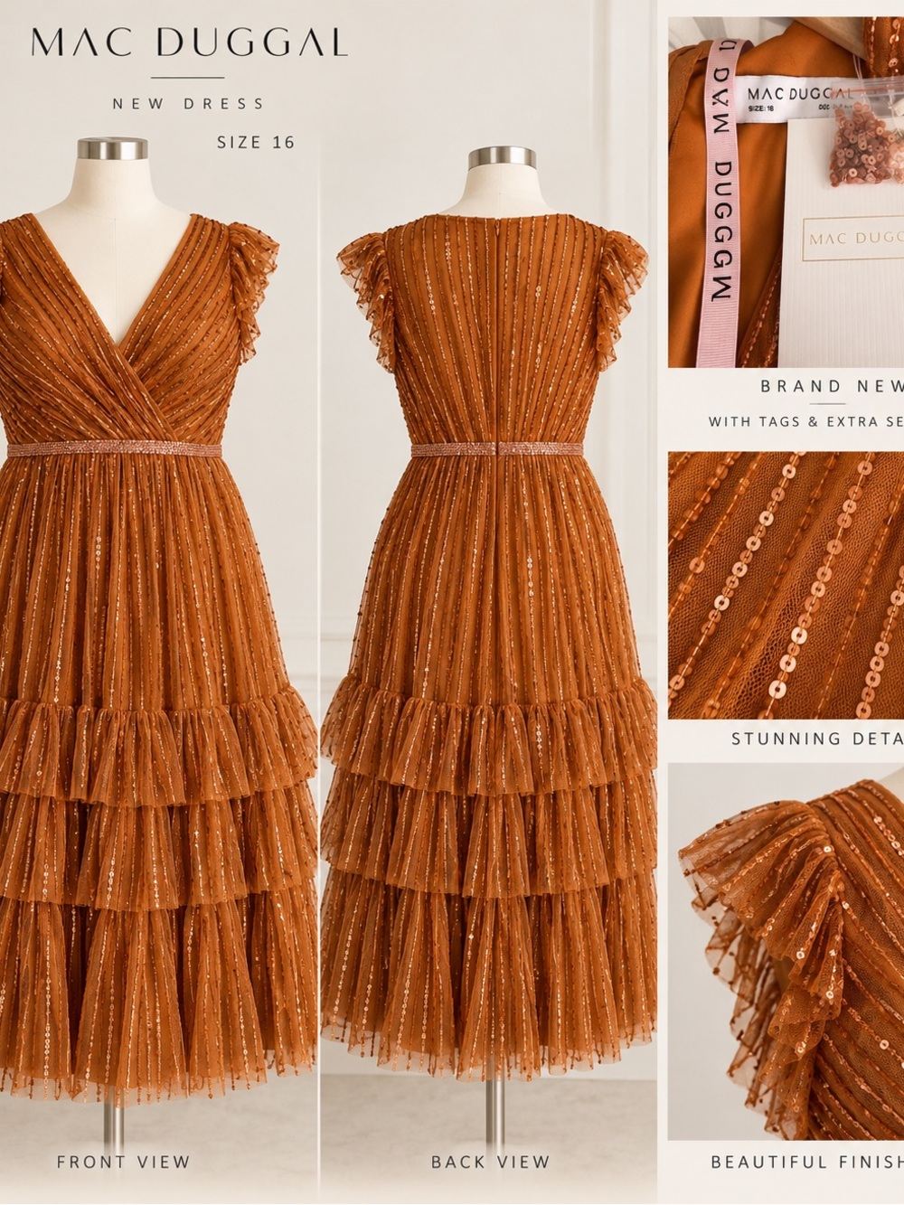 Mac Duggal Copper Sequin Tiered Midi Dress